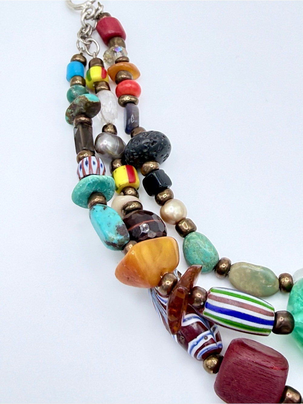 Vintage Peyote Bird Sterling 3-Strand Leather Multi-Stone Blown Glass Necklace - Picture 8 of 16